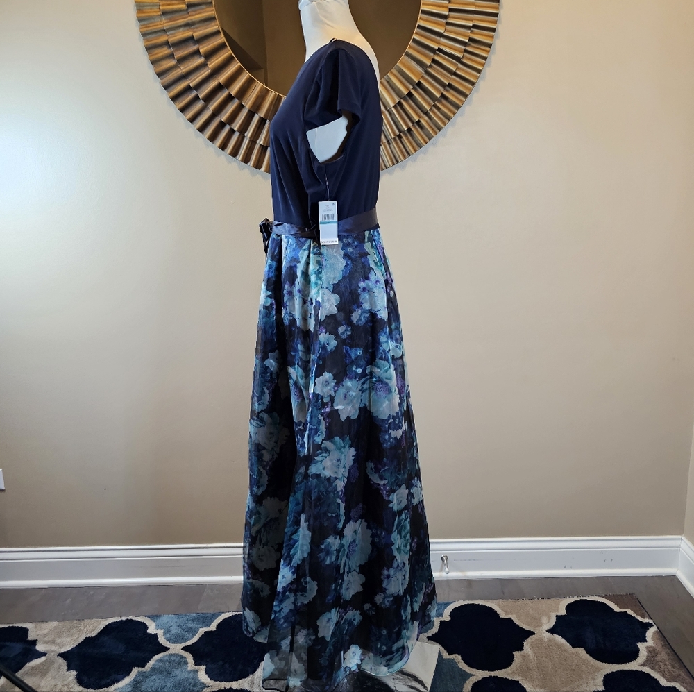 SLNY Navy Floral Mixed-Media Organza Gown - 16P NWT - Picture 8 of 10